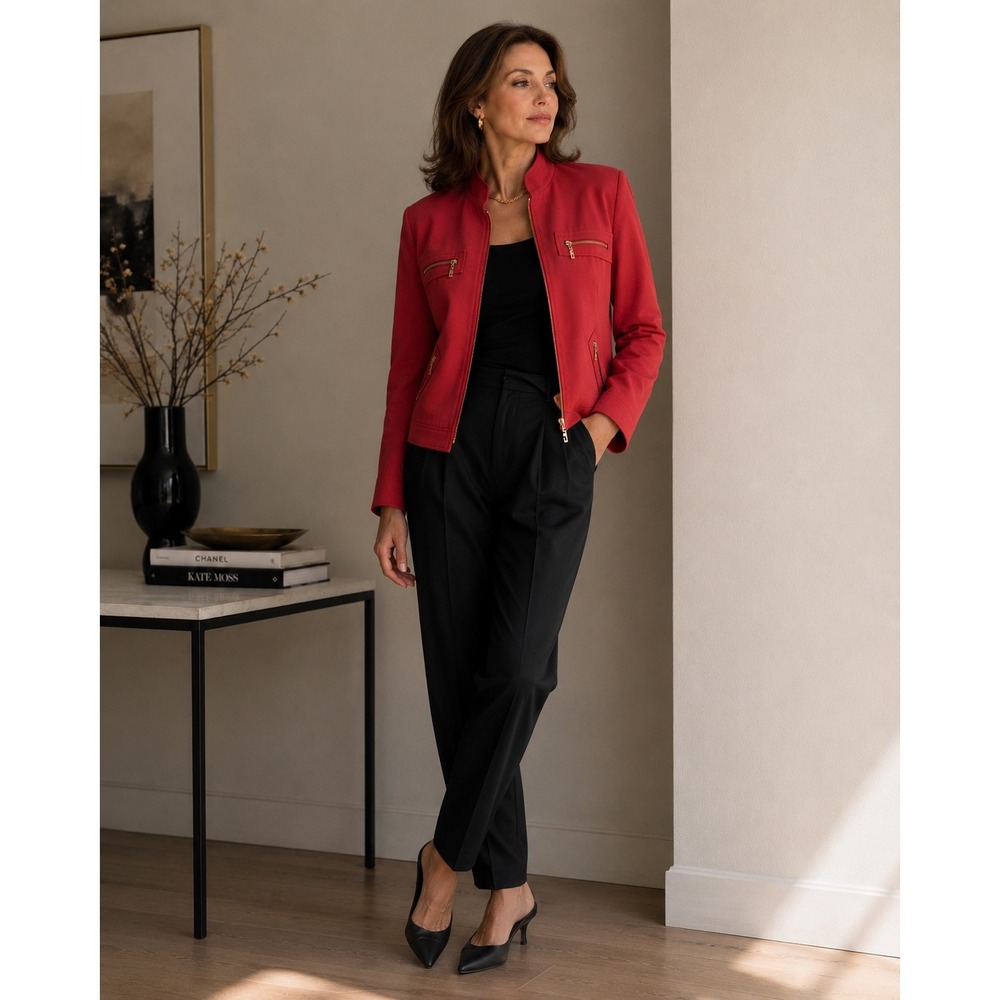 St. John Sport Jacket Womens L Red Coral Zip Up Utility Gold Hardware Preppy Lux